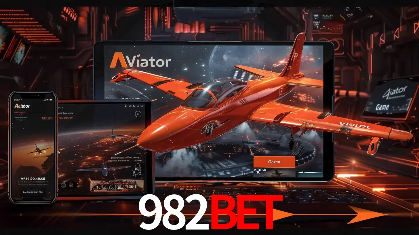 Apresentação tecnológica do jogo Aviator com um avião saindo da tela de um tablet, demonstrando a experiência imersiva em múltiplos dispositivos no 982BET.