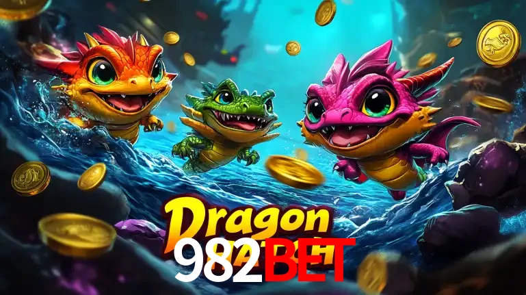 Arte promocional do jogo Dragon Hatch com três adoráveis dragões bebês nadando entre moedas de ouro, um dos slots mais divertidos para jogar no cassino 982BET.