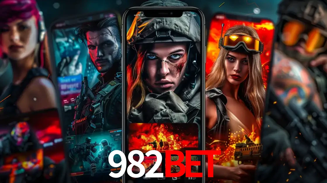 Montagem de telas de celular mostrando diversos personagens, masculinos e femininos, de um jogo de tiro, ilustrando a diversidade de equipes de e-sports para apostar no 982BET.