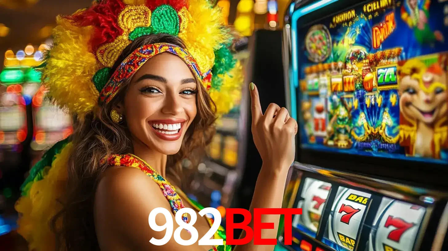 Mulher animada com um cocar de carnaval apontando para uma máquina de caça-níqueis, mostrando a emoção de ganhar um grande prêmio nos jogos do 982BET.