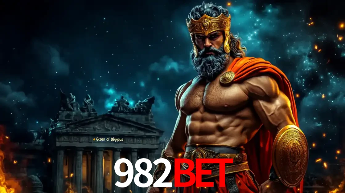 O poderoso Zeus do jogo de slot Gates of Olympus em frente ao seu templo, pronto para lançar multiplicadores divinos e prêmios épicos no cassino online 982BET.