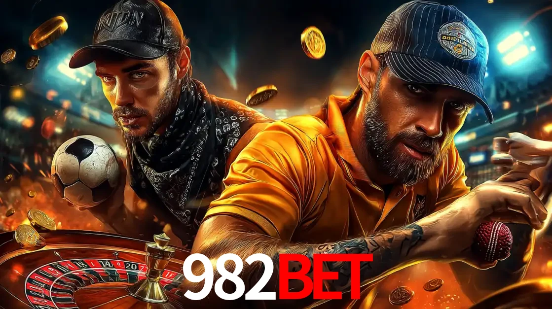 Montagem de apostas esportivas e cassino no 982BET, com um homem segurando uma bola de futebol e outro uma de beisebol sobre uma roleta e moedas voadoras.