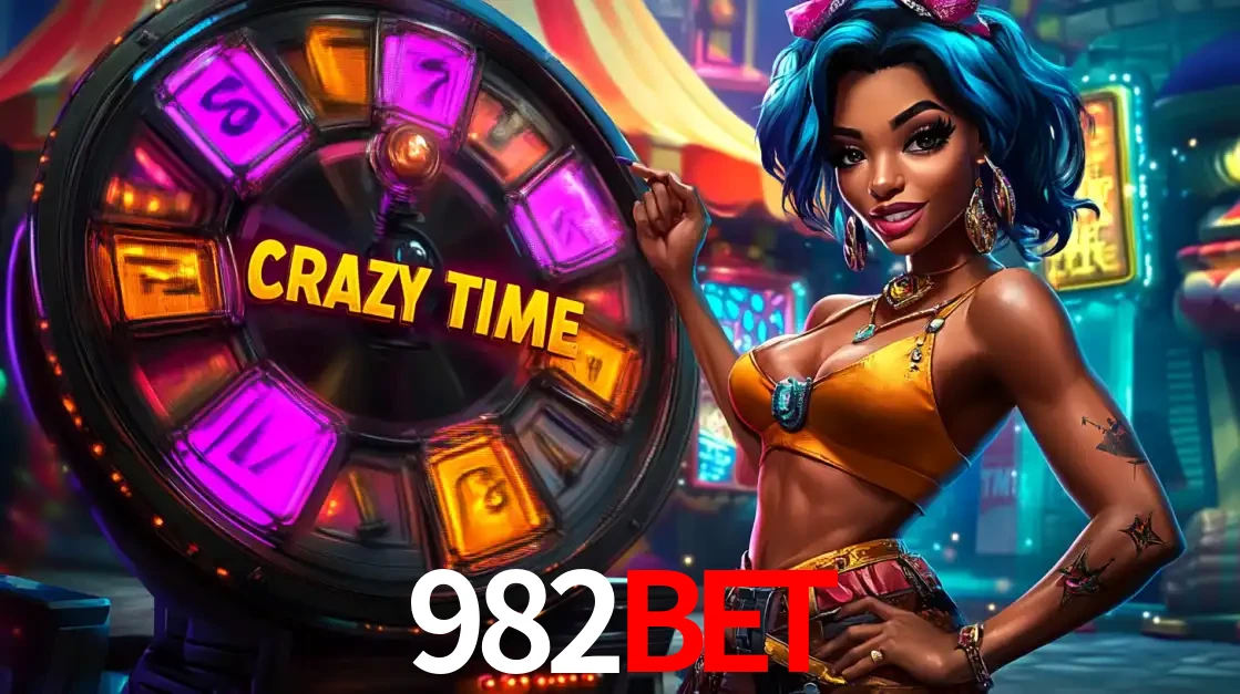 Mulher estilizada com cabelo azul e visual vibrante posando ao lado da roda de prêmios do game show Crazy Time, convidando para a diversão e os bônus do cassino 982BET.