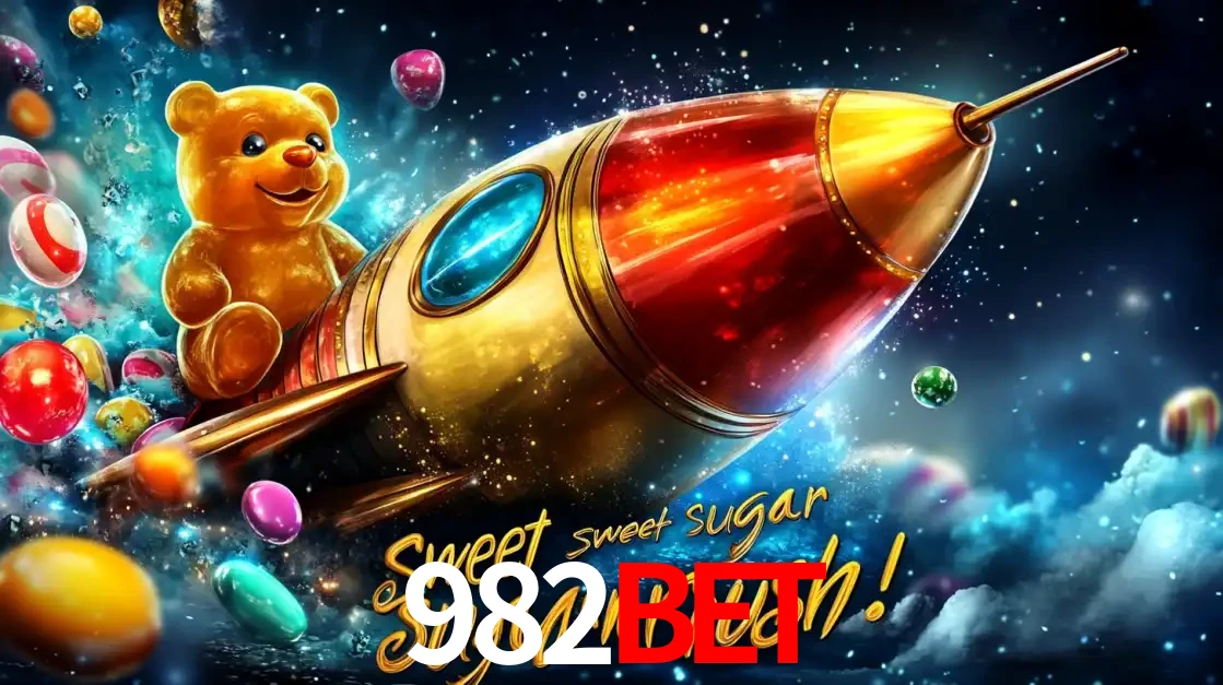 Arte promocional do jogo de slot Sugar Rush, com um urso de pelúcia em um foguete viajando pelo espaço de doces, um dos jogos divertidos disponíveis no cassino 982BET.