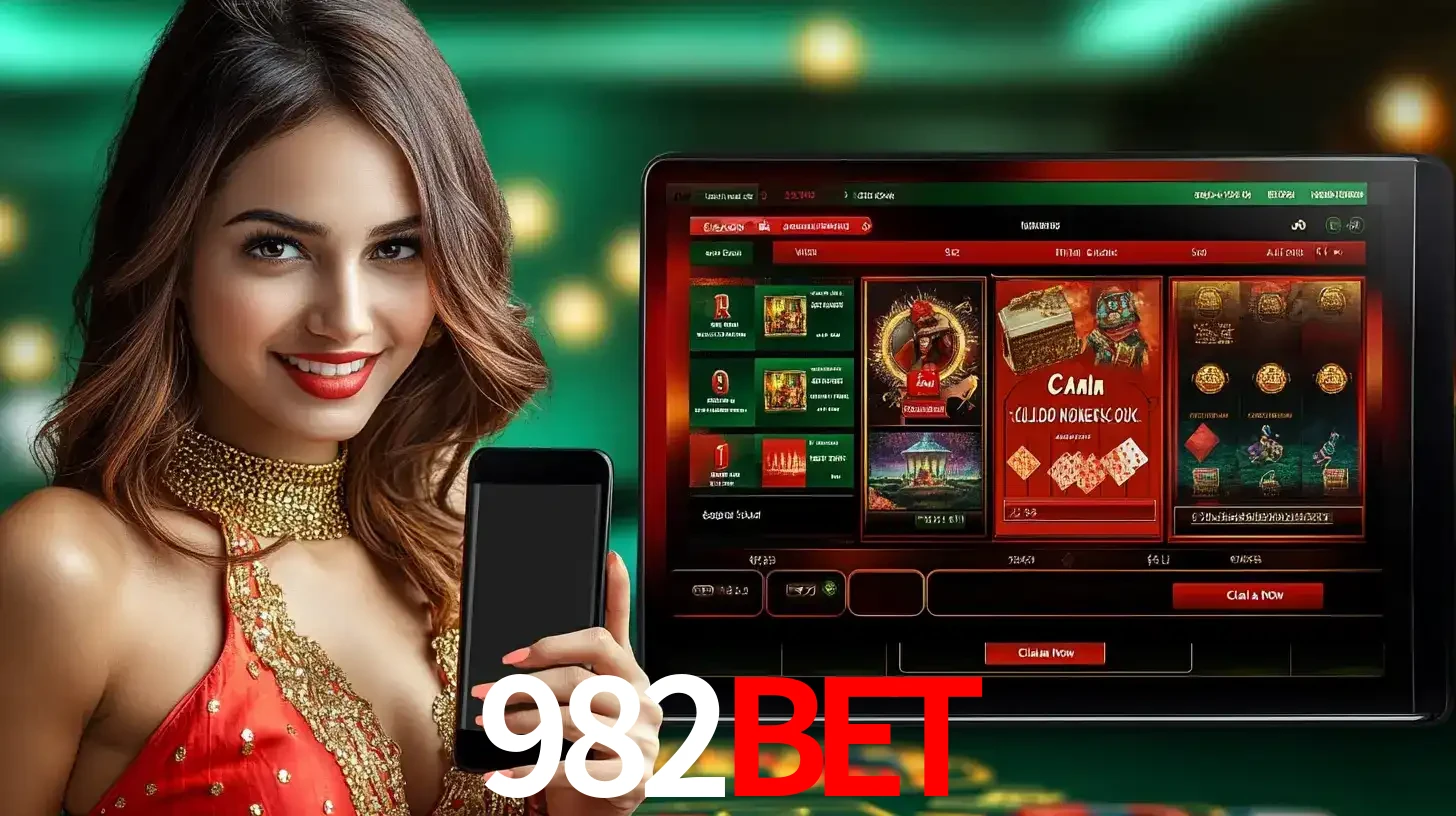 Mulher sorridente segurando um smartphone, ao lado de uma tela exibindo o lobby de jogos do cassino online 982BET, com várias opções de jogos de cartas e slots.